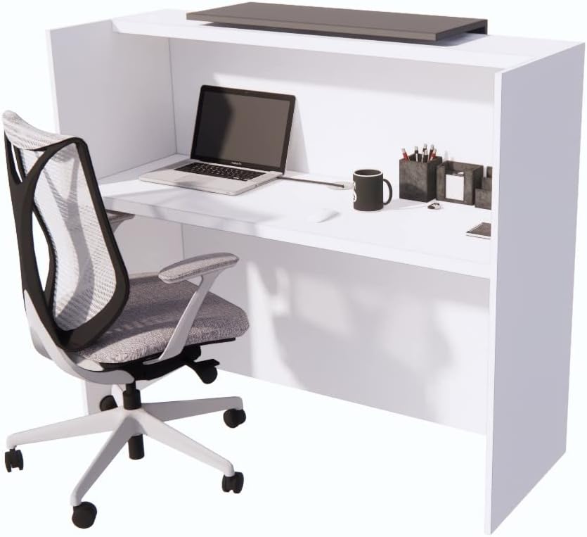 UGOS ICN 53" Modern Reception Desk, Multifunctional Modern Transaction Counter Top, Laminate Desktop, Standing Front Table for Office, Home, School, Salon, Spa - White & Anthracite Gray