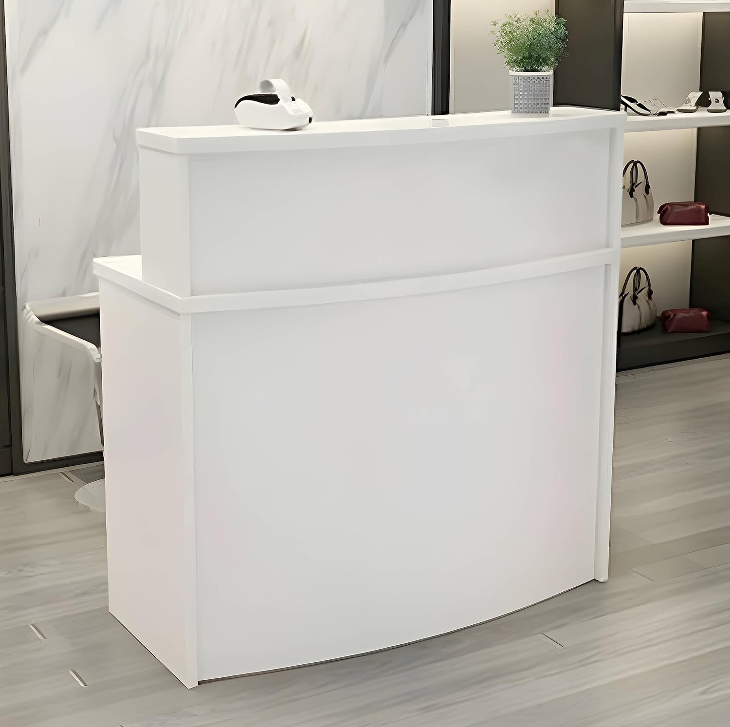 UGOS Mono White Modern Reception Desk w/Transaction Counter | Laminate Desktop | Multifunctional Standing Front Desk for Home, Office, Salon, Spas, and Lobby