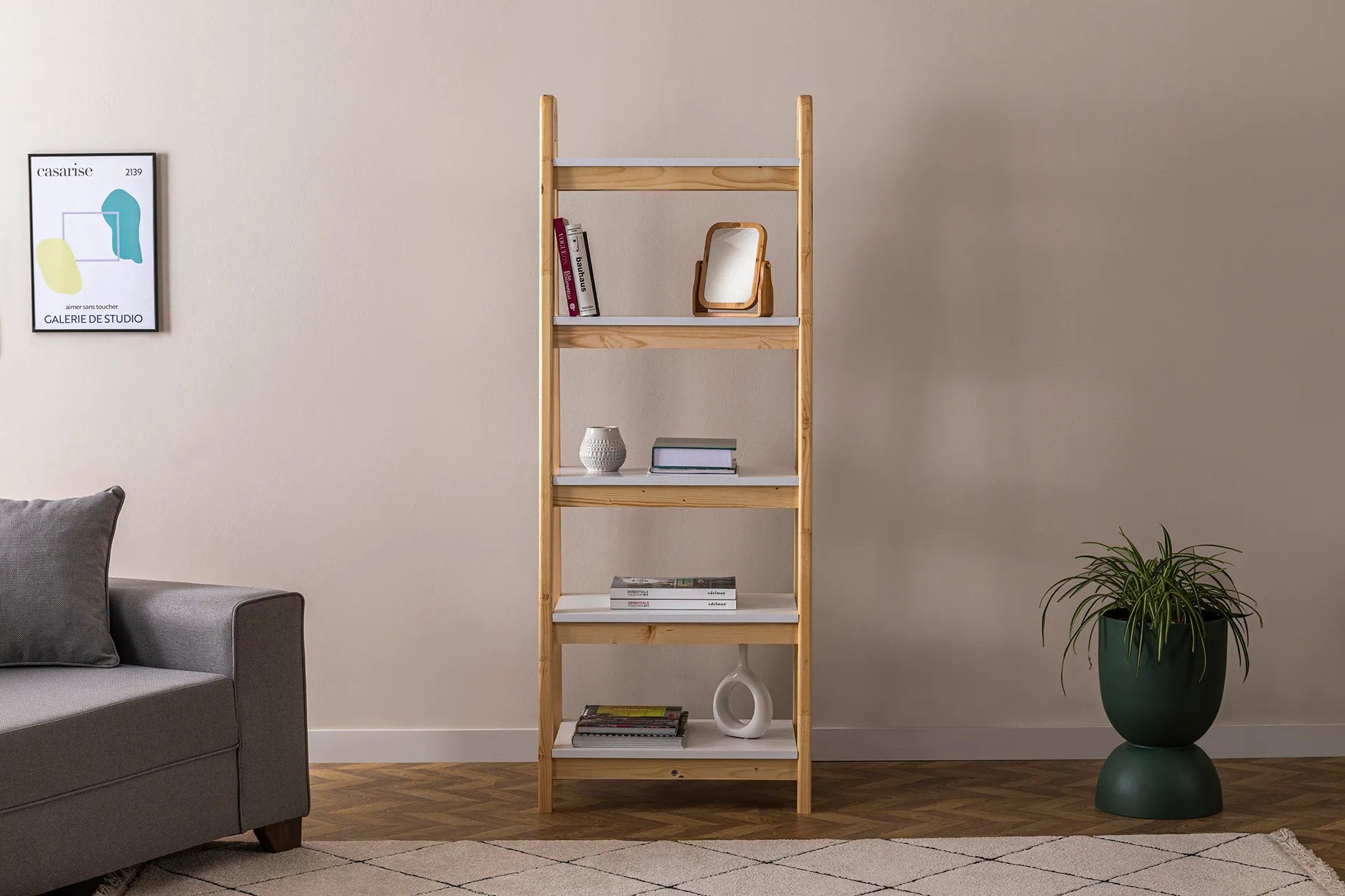 UGOS Ladder Bookcase | Oak Color | 63'' H X 26'' W X 16'' D