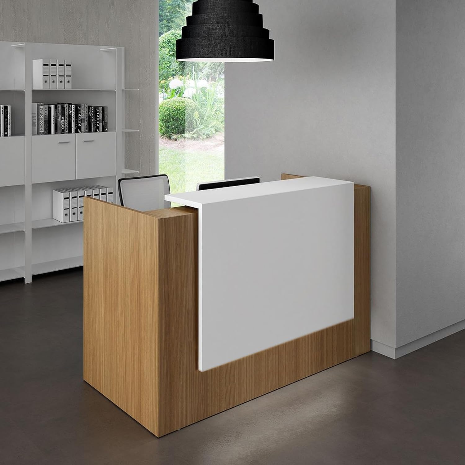 UGOS ICN 53" Modern Reception Desk, Multifunctional Modern,Transaction Countertop, Laminate Desktop, Standing Front Table for Office, Home, School, Salon, Spa - Teak and White