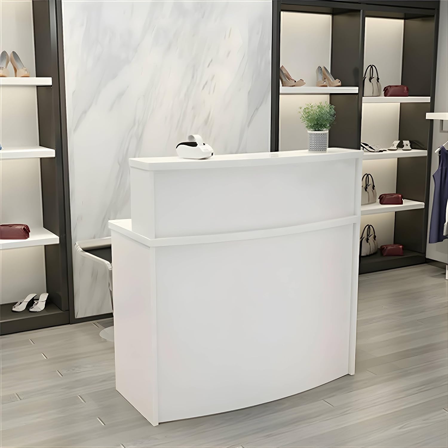UGOS Mono White Modern Reception Desk w/Transaction Counter | Laminate Desktop | Multifunctional Standing Front Desk for Home, Office, Salon, Spas, and Lobby