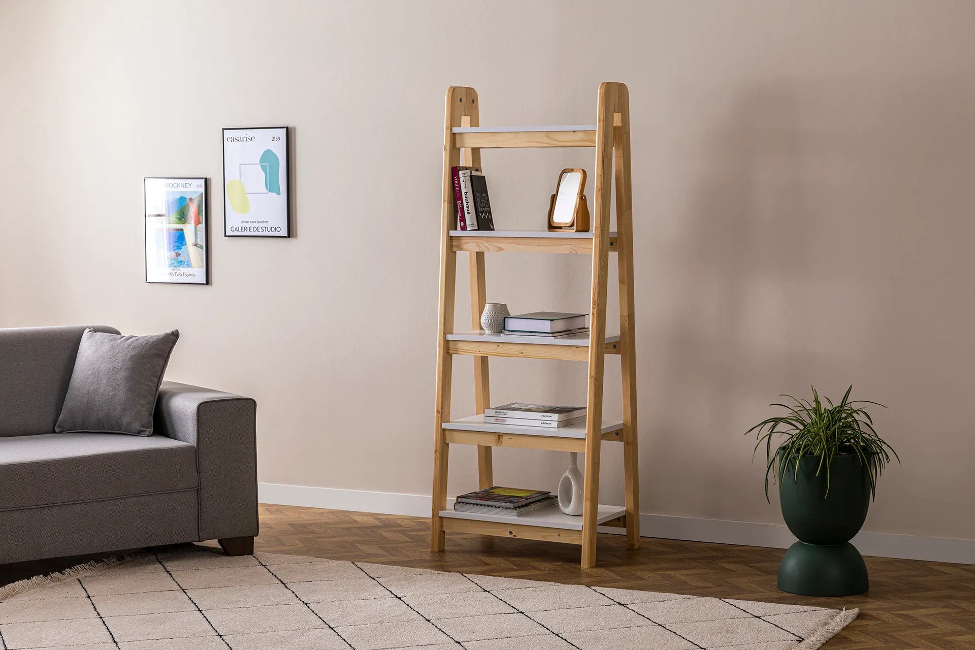 UGOS Ladder Bookcase | Oak Color | 63'' H X 26'' W X 16'' D