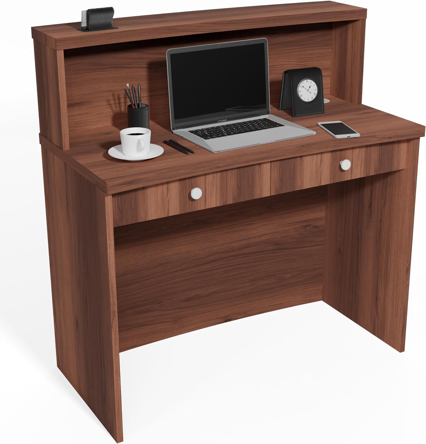 UGOS Mono Walnut Modern Reception Desk w/Transaction Counter | Laminate Desktop | Multifunctional Standing Front Desk for Home, Office, Salon, Spas, and Lobby