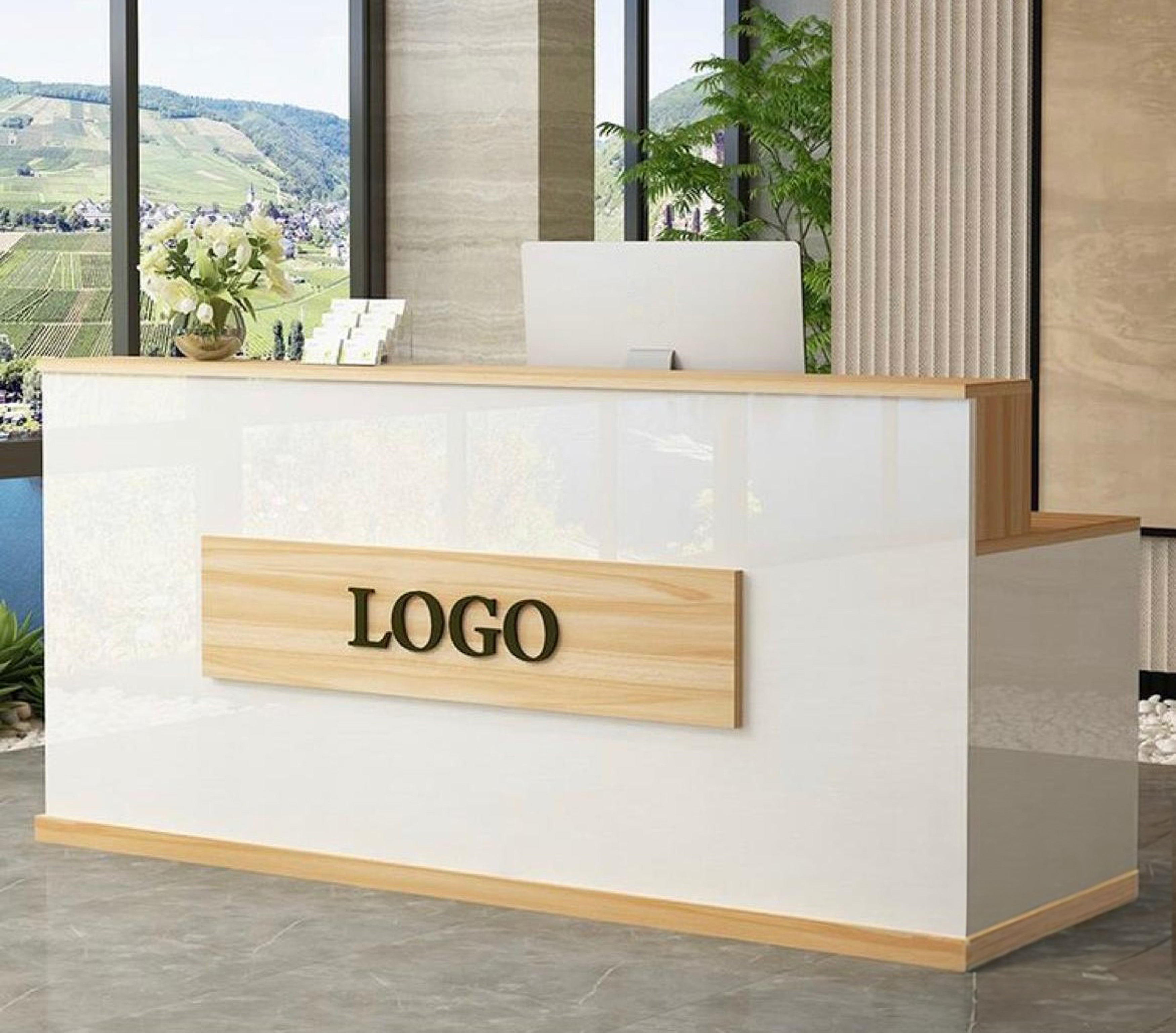 UGOS MASS Modern Reception Desk w/Transaction Counter & Storage Drawer | Laminate Desktop | Multifunctional Standing Table for Home, Office, Salon, Spas, and Lobby