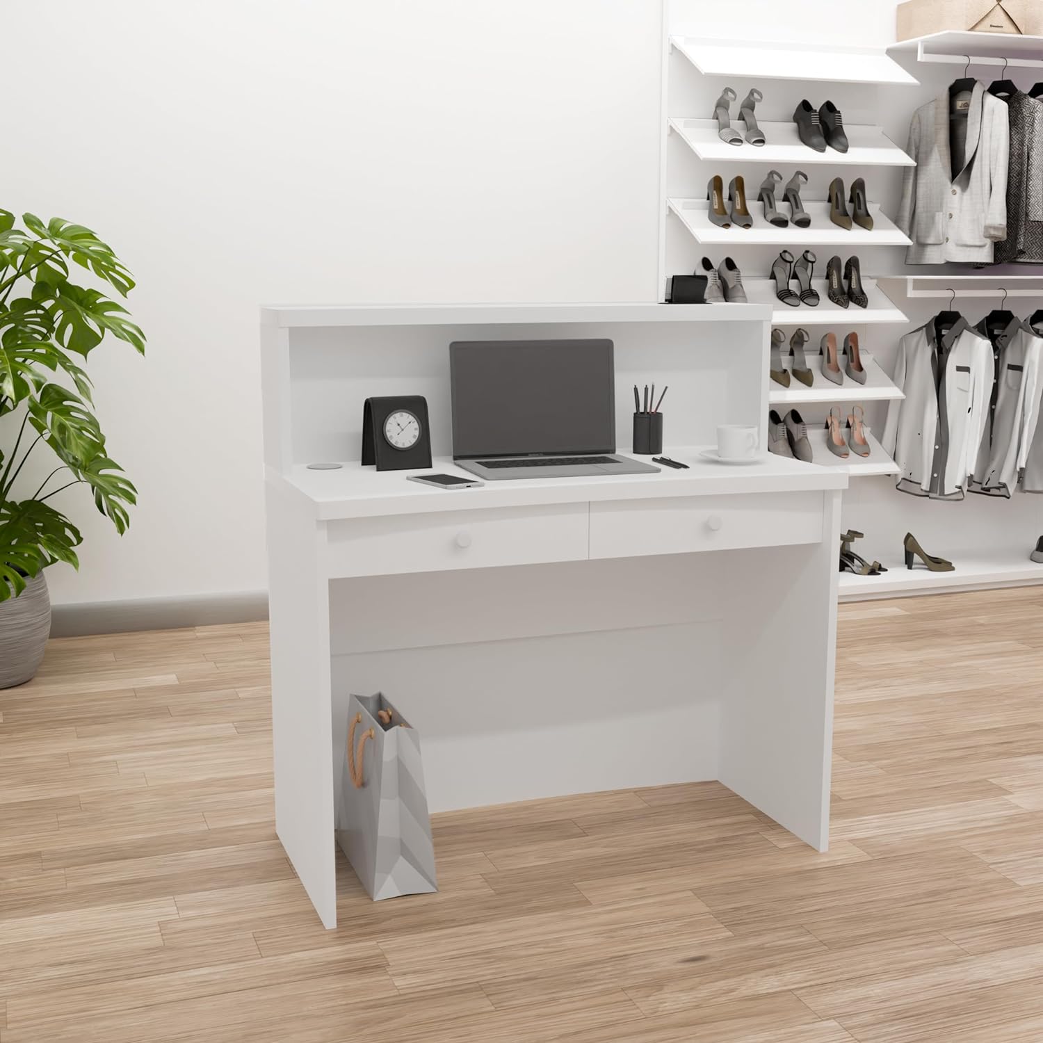 UGOS Mono White Modern Reception Desk w/Transaction Counter | Laminate Desktop | Multifunctional Standing Front Desk for Home, Office, Salon, Spas, and Lobby