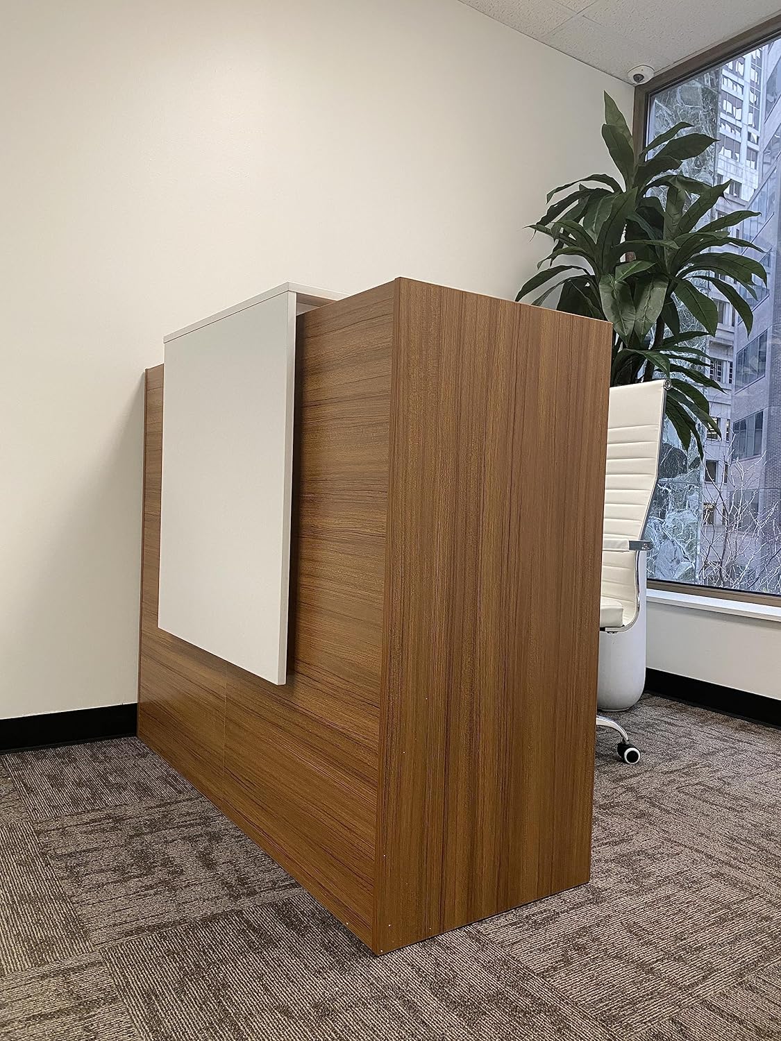 UGOS ICN 53" Modern Reception Desk, Multifunctional Modern,Transaction Countertop, Laminate Desktop, Standing Front Table for Office, Home, School, Salon, Spa - Teak and White