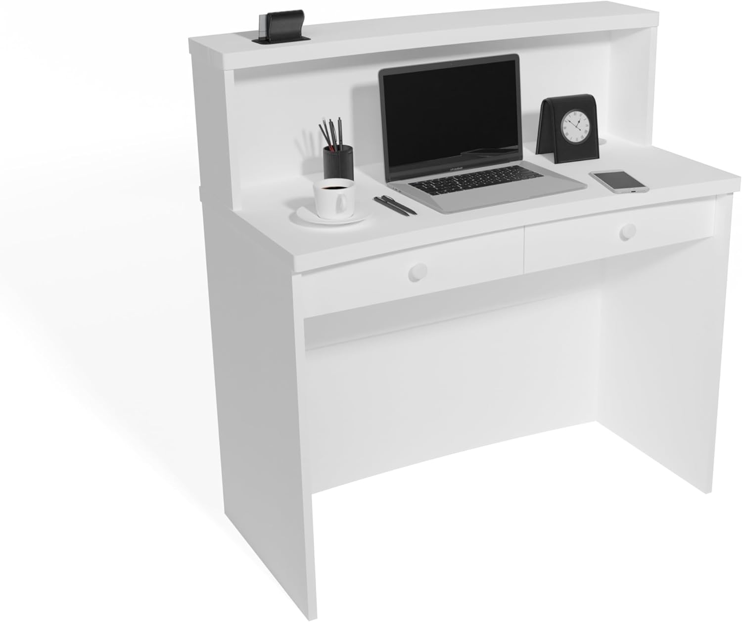 UGOS Mono White Modern Reception Desk w/Transaction Counter | Laminate Desktop | Multifunctional Standing Front Desk for Home, Office, Salon, Spas, and Lobby
